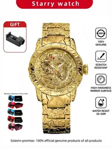 Men's Luxury Stainless Steel Watch, Mechanical Analog Face, Dragon Design, Business Style, All Seasons, Stainless Steel Wristwatch