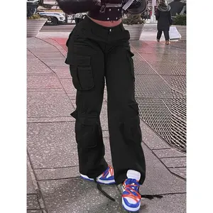 [Y2K Kpop Style] Women's High-Waist Wide-Leg Cargo Jeans|   Polyester|   Vintage Y2K Kpop Style|   Casual Streetwear