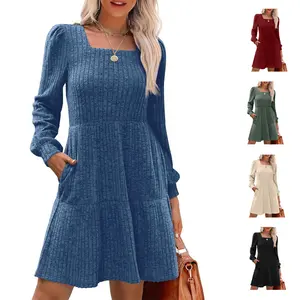Women's Square Neck Long Sleeve Fall Dress – Casual Babydoll Sweater Dress for Cozy Daily Wear Breathable  Womenswear Day Elegance Flowy Lantern Lightweight Oversized Fabric Spandex Stretchy Summer Polyester Apricot Basic Minimalist