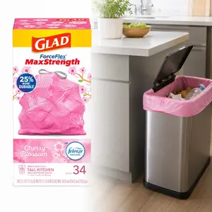 Glad 13 Gal. ForceFlex MaxStrength Tall Kitchen Drawstring Cherry Blossom with Febreze Pink Trash Bags (34-Count), Leak Proof Kitchen Bags, Cherry Blossom Scent, Reinforced Bottom Trash Bags, Grips The Can Drawstring, 13 Gallon Tall Kitchen Bags Household