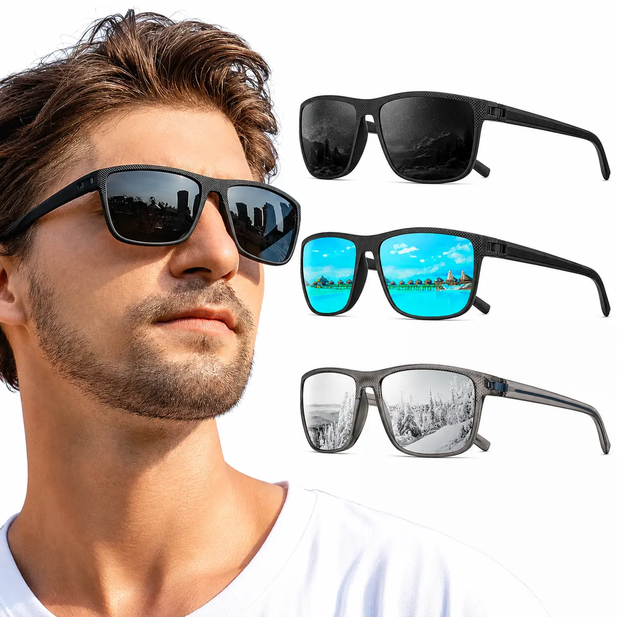 3-Pair Polarized Sunglasses Set, Classic Square Men's Sunglasses, HD Polarized Lenses, UV400 Protection, Lightweight Vintage Eyewear for Fishing, Golf, Travel & Outdoor Activities, Unisex Fashion Accessories