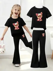 Adorable Yorkie Dog Print Girls' Casual Set, Round Neck Short Sleeve Top & Slim Fit Bell Pants, Cute Cartoon Pattern, Comfortable Breathable Fabric