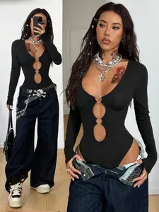 Women's Fall/All-Season Streetwear Rave Outfit Music Festival Y2K Gyaru Cut Out Stretchy Long Sleeve Black Jumpsuits