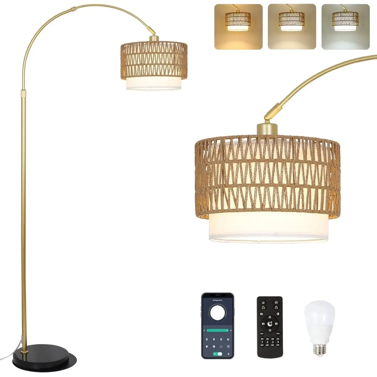Brown Gold Arc Floor Lamp with Rattan & Linen Shades 63–72.8" Height Adjustable 3000K–6000K Dimmable LED Bulb Remote & Foot Switch Farmhouse Boho Standing Lamp for Living Room Bedroom