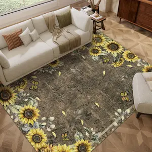 Sunflower Border Print Rug Washable Stain-resistant Non-slip Ultra-thin Foldable Large-size Vintage Print Rug for Bedrooms Dining Rooms Offices Hallways Entryways Apartments and Cafes