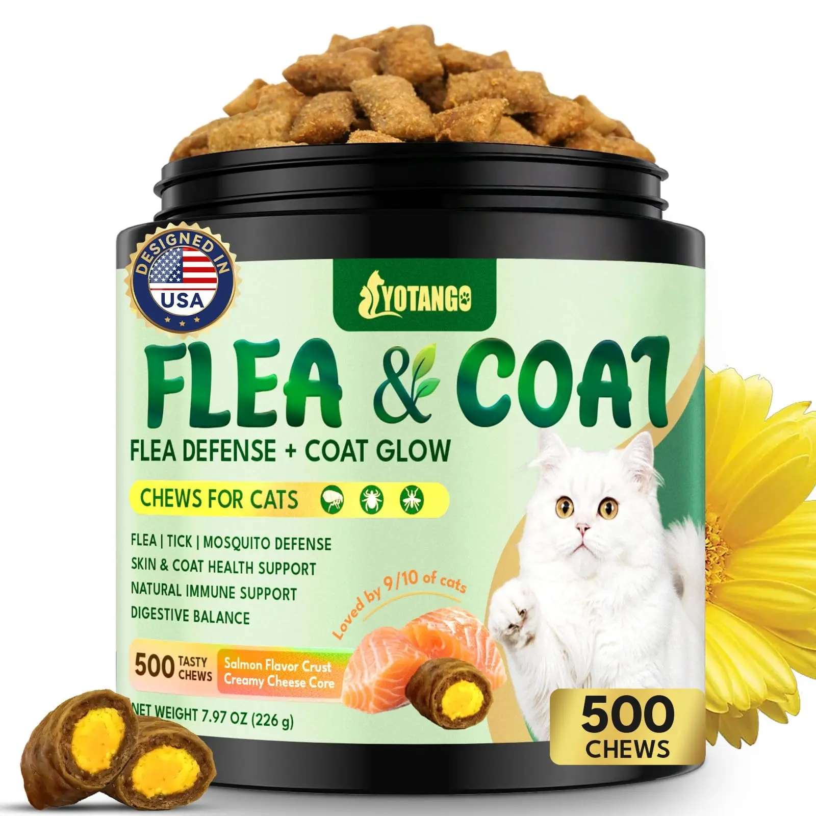 Cat Flea Treatment Crunchy & Creamy Chewables, 500 Chews Natural Flea and Tick Prevention for Cats + Skin and Coat Support, Daily Oral Supplement Chewables for Cats and Kittens (Salmon Flavor)