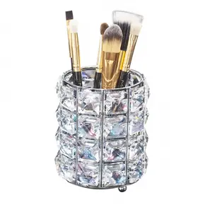 Makeup Brush Holder Organizer Golden Crystal Bling Personalized Gold Comb Brushes Pen Pencil Storage Box Container (Crystal Pot-Sliver)