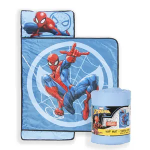 Jay Franco Kids Nap Mat with Embedded Pillow & Blanket  Spiderman Soft 46"x20" Microfiber Sleeping Bag with Name Tag & Handle for School, Travel, Sleepover, Blue