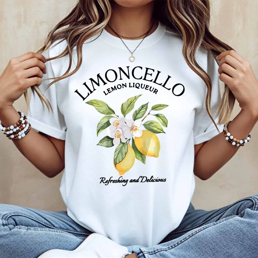 Limoncello Lemon Liqueur Floral Print T Shirt White Casual Loose Fit Tee For Everyday Wear And Leisure Activities