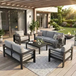 RoyalCraft L 4/5 Pieces Outdoor Patio Furniture Set, Metal Patio Sectional Sofa Chair with Coffee Table, Outdoor Conversation Set with Water-Resistant Cushion for Porch, Backyard, Garden