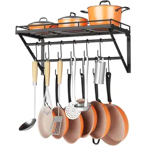 23 Inch Wall Mounted Pot Rack Storage Shelf with 2 Tier Hanging Rails, 12 S Hooks Included, Ideal for Pans, Utensils, Cookware, Plants, Black