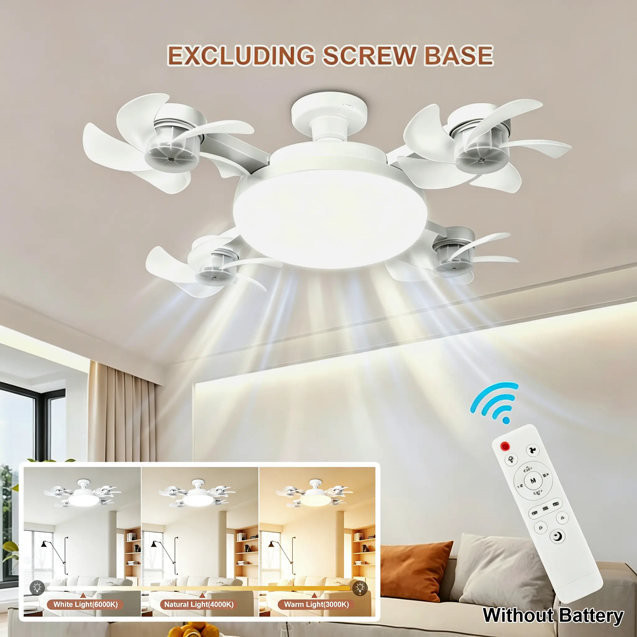 LED Smart Ceiling Fan Light - E27/E26 Screw Port with Remote Control, Suitable for Bedroom, Living Room, Study, Kitchen, And Bathroom - Modern Design, All-Season Use (2-In-1 4-Head Fan Light)