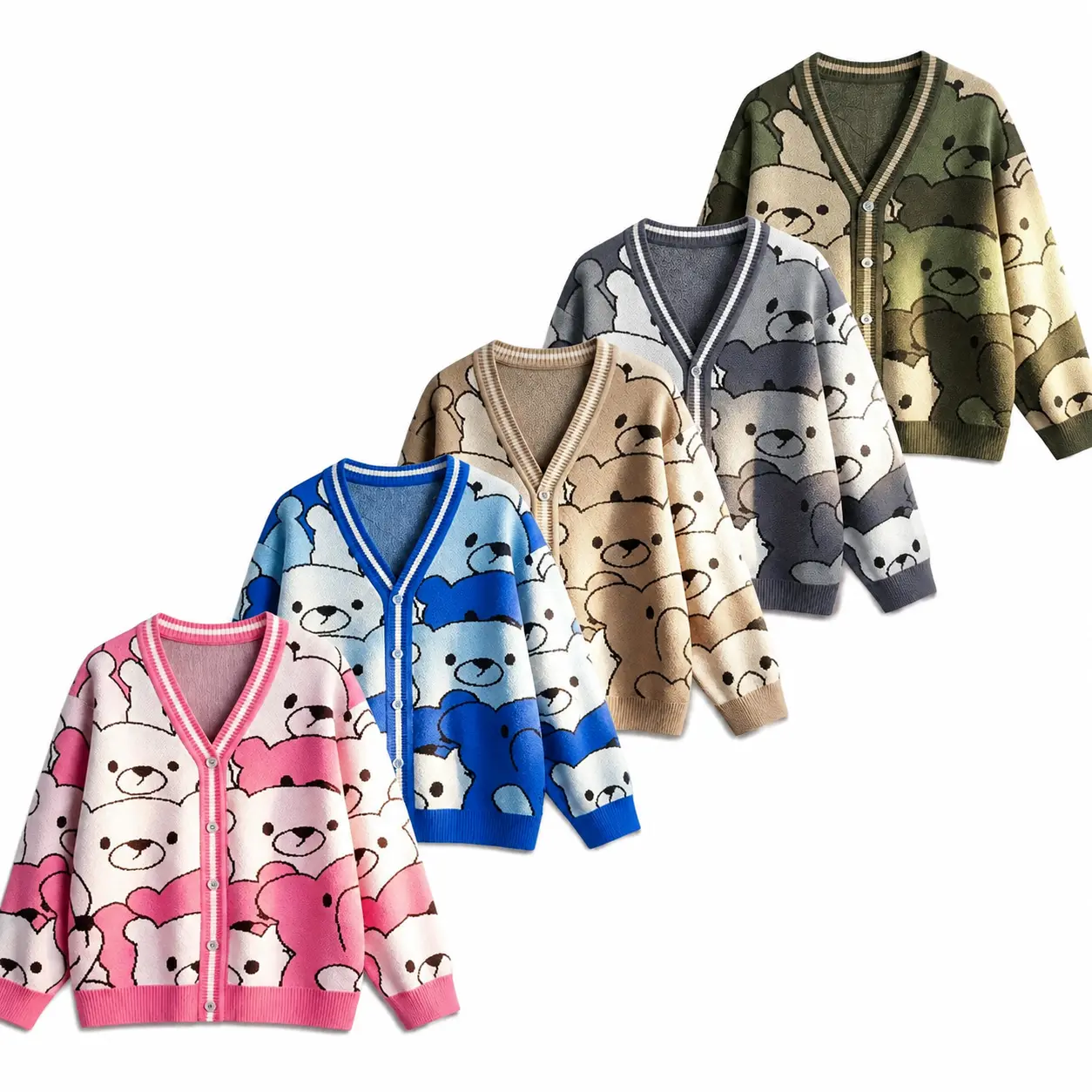 Women's Y2K Oversized Blue Bear Print Cardigan Cute Kawaii Animal Graphic Knit Sweater Preppy V Neck Button Down Slouchy Soft Girl Cozy Fall Winter Casual Long Sleeve Outerwear Jumper Korean Fashion Trendy Indie Streetwear Top