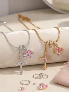 Pink Crystal Cross Necklace for Women, Y2K Heart Planet Pendant Necklaces Aesthetic Goth Jewelry, Cute Star & Universe Necklaces Set, Birthday Jewelry Gifts for Teen Girls Daughter Girlfriend