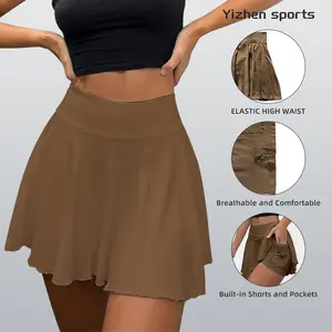 Yizhen Sports High Waist Flowy Skort for Women with Built-in Shorts & Side Pockets – Lightweight, Breathable, Soft 4-Way Stretch Fabric – Perfect for Tennis, Golf, Running, Workout or Casual Wear – Comfortable Fit & Flattering Look solid color sport skort
