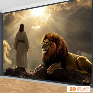 1pc Jesus and Lion of God Religious Wall Hanging Tapestry, Durable Decorative Tapestry - Polyester Fabric, No Electricity Needed, Spiritual Home & Office Decor, Inspirational Christian Art for Indoor/Outdoor Events, Theological Artwork, Detailed Imagery