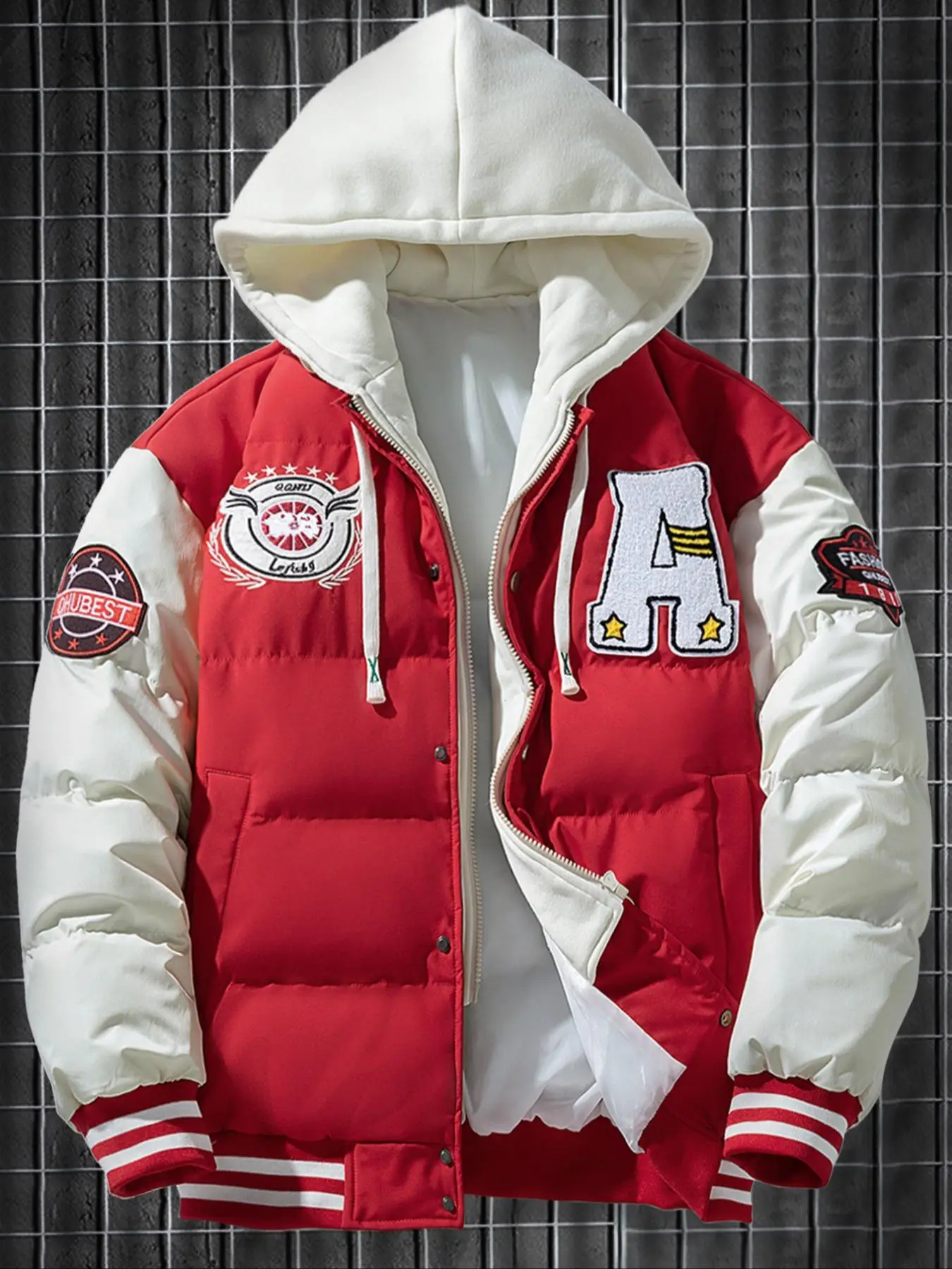 Men's Colorblock Letter Patched Drawstring Hooded Jacket, Regular Fit Casual Long Sleeve Button Front Pocket Outerwear for Fall & Winter, Men's Clothe