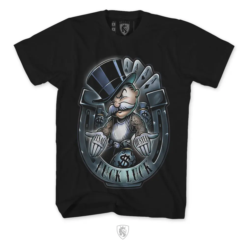 Monopoly Hustle 22K Design for Men - Black Cotton T-Shirt with "Luck Luck" Print, Short Sleeve, Casual Style