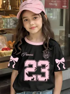 Girls' Bow & Crown Pattern T-Shirt, Youth Sports Style Round Neck Casual Summer Top, Birthday Party Wear, Bow Design