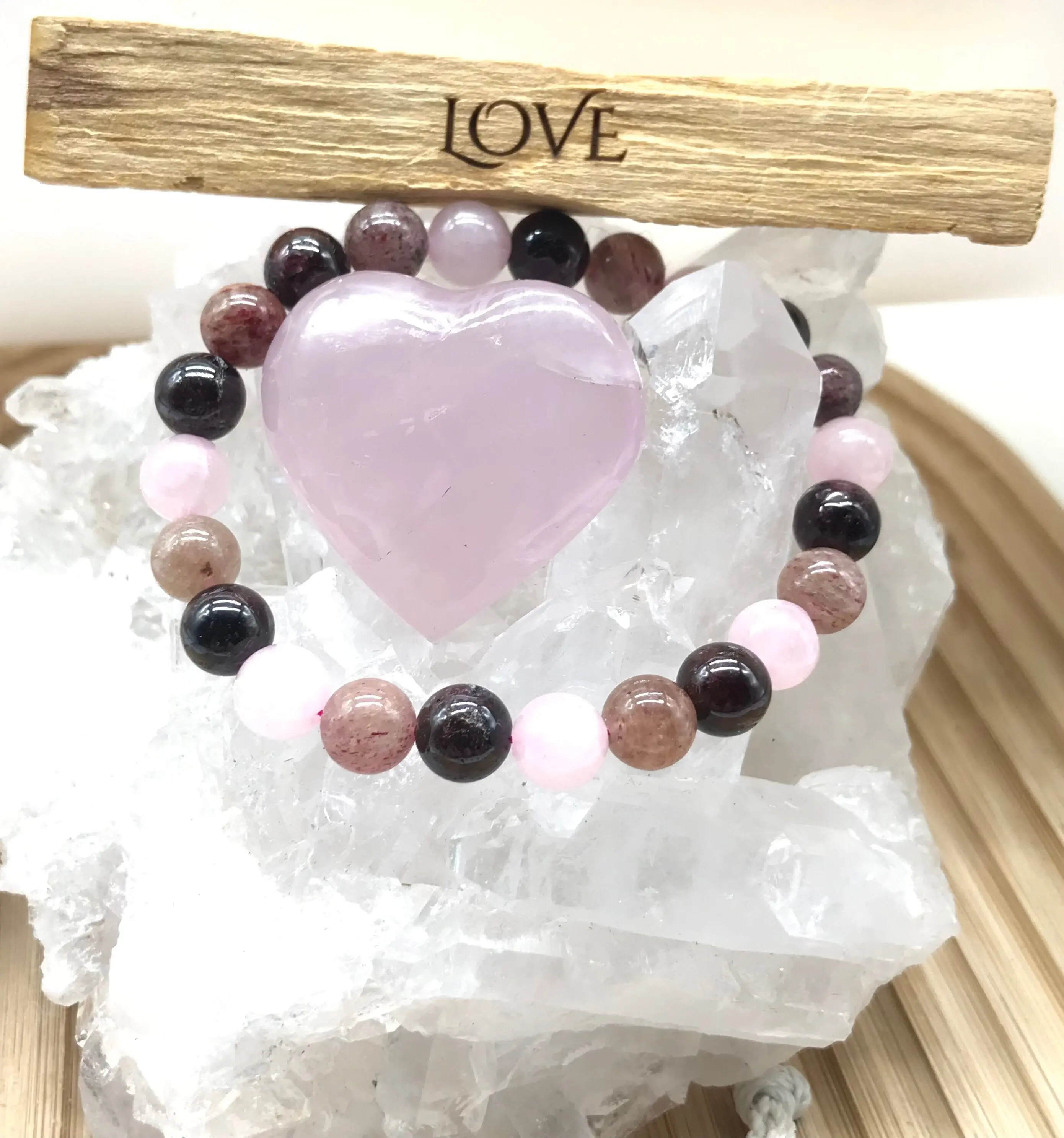 Balancing Heart Chakra Crystal Bracelet Set with Rose Quartz, Red Adventurine, and Garnet Beads for Love, Serenity, and Confidence