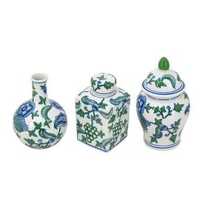 Set of 3 Porcelain Ginger Jar Decorative Vase for Home Decor Elegant Blue Green Cherry Blossom Motif White Porcelain Classic Silhouette