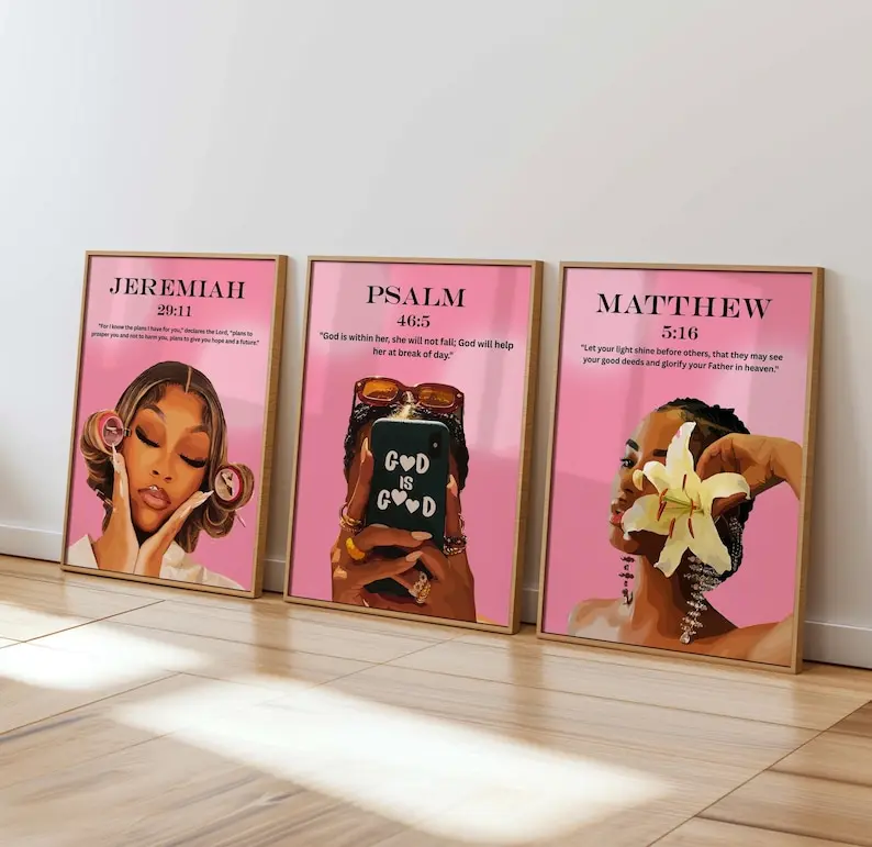 Set-of 3 Pink Coquette Bible Verse Poster Unframed , Christian Wall Art, Black Woman Art (Digital)