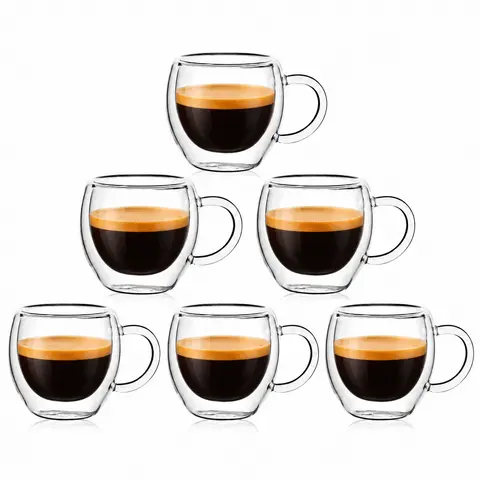 YUNCANG Handmade 2.5oz Borosilicate Glass Espresso Coffee Mug Set of 6 with Handle - Hand-blown Craft, Lead-free Glass, BPA-free, Crystal-clear, Cold Brew Ready, for Espresso, Lattes, Tea, Aesthetic Kitchen Drinkware
