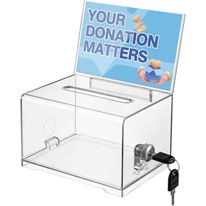 Clear Donation Box with Lock - Secure Ballot Box with Removable Sign Holder 2 Keys - for Money, Cards, Votes, Tickets, Feedback Collection (4.75"D x 6.29"W x 8"H)