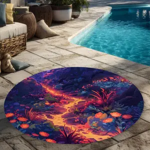MWW C1COAR550ZXODE 5x5 ft. Purple Burning Flowers Outdoor Round Area Rug - Botanical, Circle, Floral, Plant-Themed, Ring-Shaped Rugs for Home Decor, Botanical Area Rugs, Circle Area Rugs