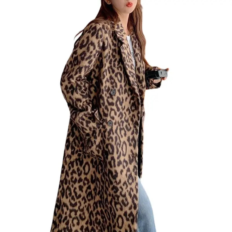 Chouyatou Women's Soft Leopard Print Long Wool Trench Coat - Notched Lapel, Double Breasted, Dressy Winter Warm Overcoat with Premium Fabric Style, Comfortable, Jackets,back to school,back to school shopping, Fashion, Outerwear