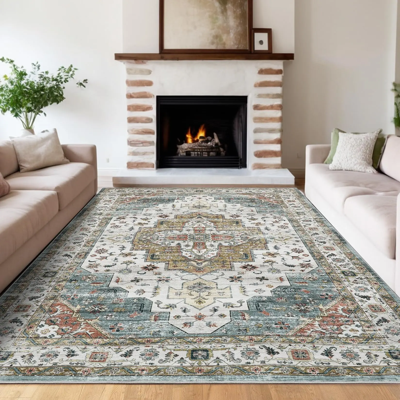 【GARVEE】Machine Washable Area Rugs 5x7 Vintage Floor Carpet with Non-Slip Backing, Stain-Resistant Oriental Soft Low Pile Carpet, Distressed Accent Carpet for Laundry, Bedroom, Office, Camel Green