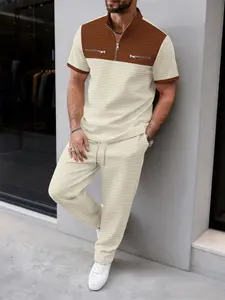Waffle Knit Two-Piece Set, Zip Pocket Half-Zip Short Sleeve Top + Drawstring Straight Leg Pants, Casual for Men