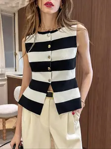 Women's Striped Knit Button Front Top, Metal Decoration, Commuter Wear, Casual Fitted Long Sleeve, Fall & Winter Fashion, Womenswear