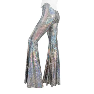 Women's Golden Foil Coated Flared Pants, Shiny High-Waist Nightclub Outwear, Oversized Flare Leg Trousers