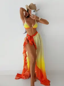 Women's Gradient Color Long Dress Bikini Set, Backless High Cut Bodycon Swimsuit, Sun Protection Mesh Swimwear, Ladies Bathing Suit and Clothing