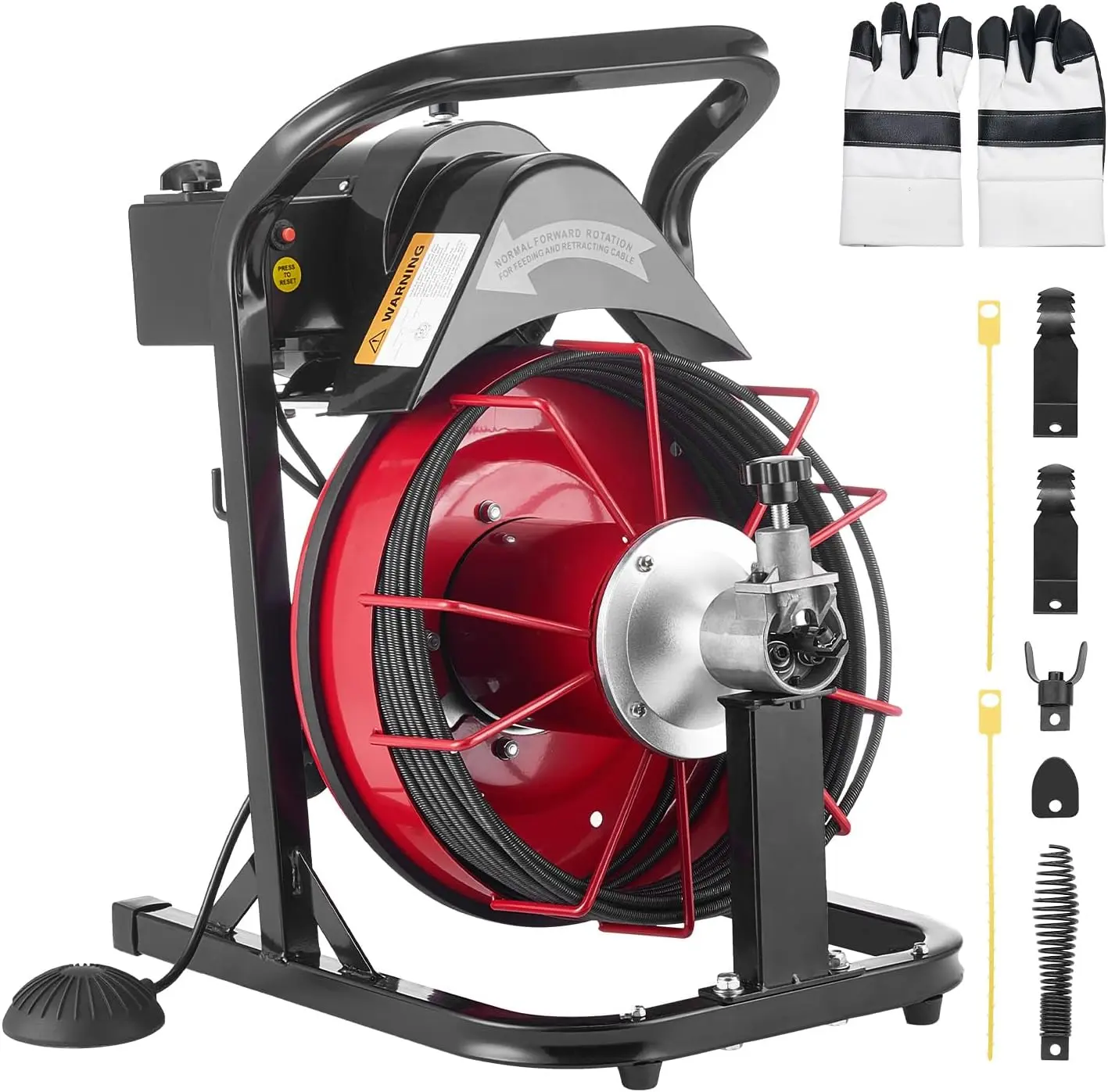 VEVOR Drain Cleaner Machine 50 FT x 5/16 Inch, Auto Feed Sewer Snake Auger with 4 Cutters & Air-Activated Foot Switch for 2" to 4" Pipes