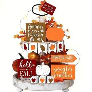 Fall Themed Tiered Tray Decoration Set, 12pcs/set Wooden Pumpkin & Maple Leaf Decoration Set, Gift Packaging Supplies for Home & Party, Ornaments