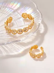 Bangle & Ring Set for Women, Luxury Starburst Cubic Zirconia Open Cuff Bracelet, Gold/Silver 2 Colors Optional, Elegant Jewelry for Office, Commute, Party & Prom