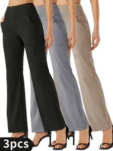 3PCS Women's High Waist Zippered Wide Leg Palazzo Pants with Pockets for Casual Wear & Yoga High Waist Sports Pants Minimalist Basic Womenswear Bottoms