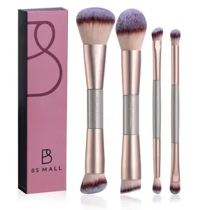 4PCS Double-Ended Makeup Brush Set – Foundation, Powder & Eyeshadow Brushes, Champagne Gold Professional All-in-One Makeup Tools for Women