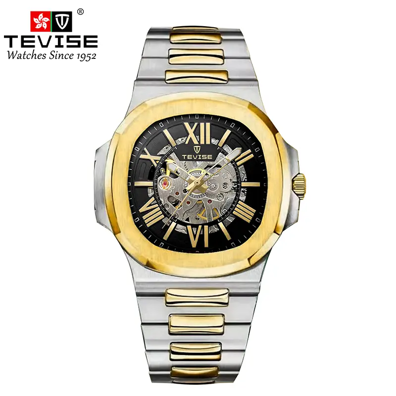 TEVISE Luxury Skeleton Watch for Men - Square Dial, Steel Bracelet, Waterproof Sports Watch
