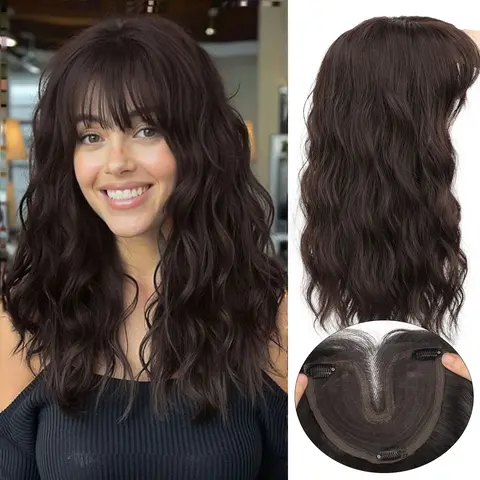 [AISI HAIR] Female 18'' Curly Wave Synthetic Clip-In Topper with Bangs, Lightweight Breathable Synthetic Material Wigs, Adds Fullness Where Hair Feels Sparse, Volume Boost for Sparse Scalps