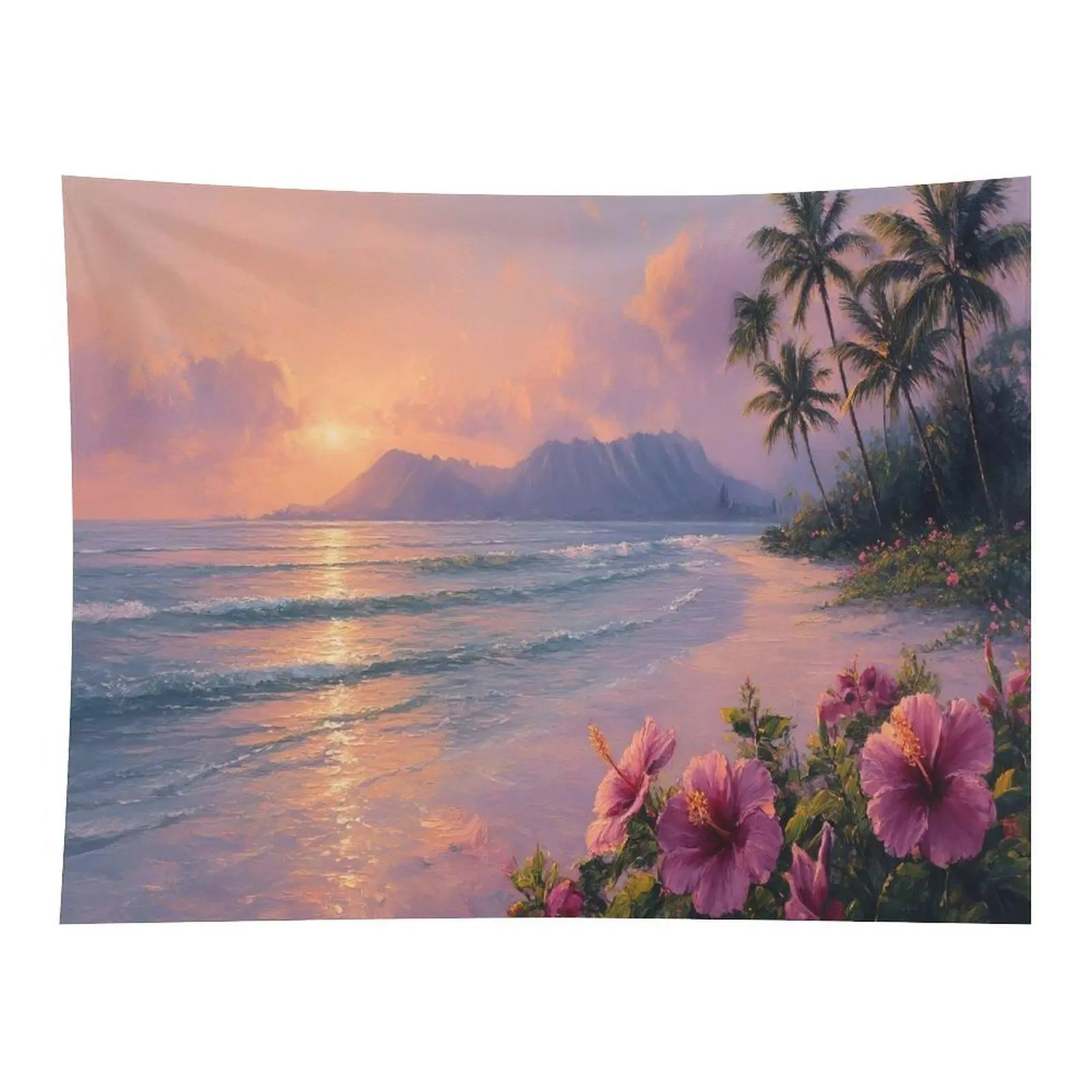 Tropical Hawaiian Beach Sunset Wall Tapestry Ocean Waves Palm Tree Hibiscus Flower Scenery Art for Home Wall Decoration