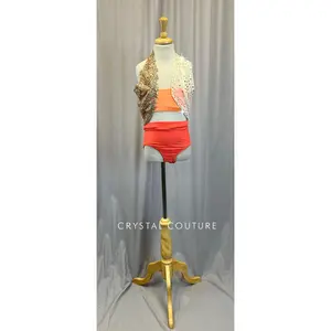 Coral and Ivory Leotard - Rhinestones