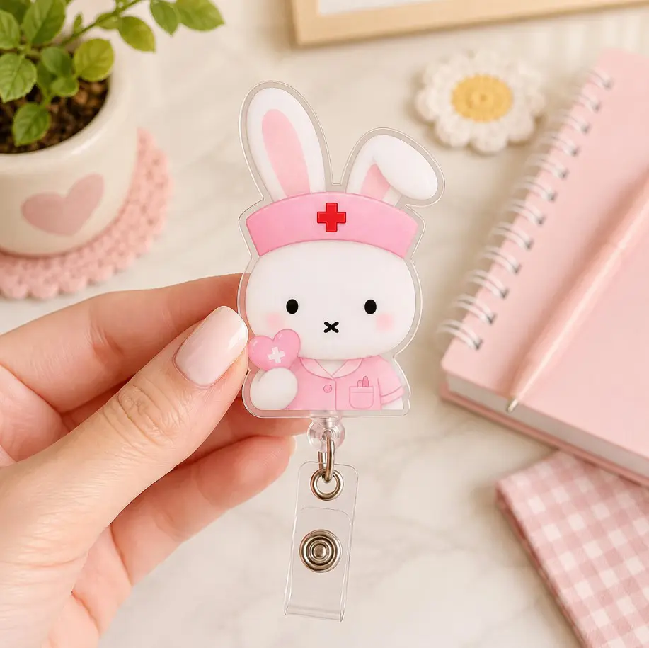Kawaii Bunny Badge Reel, Acrylic Medical ID Holder, Nurse Ophthalmologist Gift, Medical ID Holder