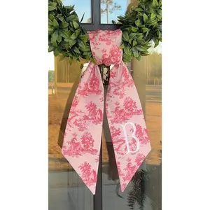 Everyday Embroidered Pink Chinoiserie Wreath Sash: Monogrammed Cotton Door Decor wreath sash, monogram door decor