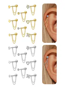 Flat Back Earrings with Chain,20G Push in Stud Earrings for Women Men Stainless Steel Tragus Earring Silver Push in Flat Back Stud Earrings