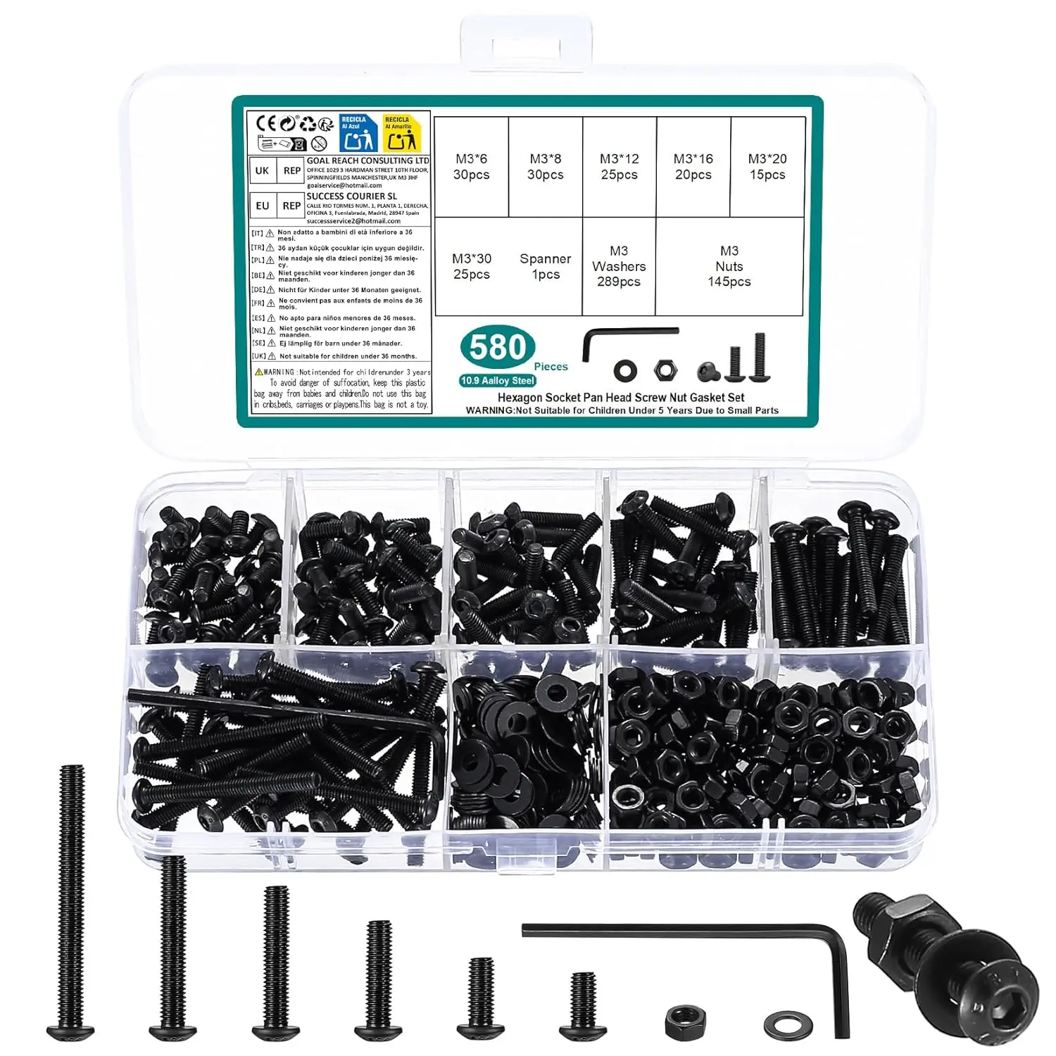 580 count M3 Screws Assortment Kit, Metric Nuts and  Assortment Kit, Hex Socket Button  Cap Screw  and Nuts Kits, Hex Socket Screw Set, Machine Screws Set, with Spanner(Black)