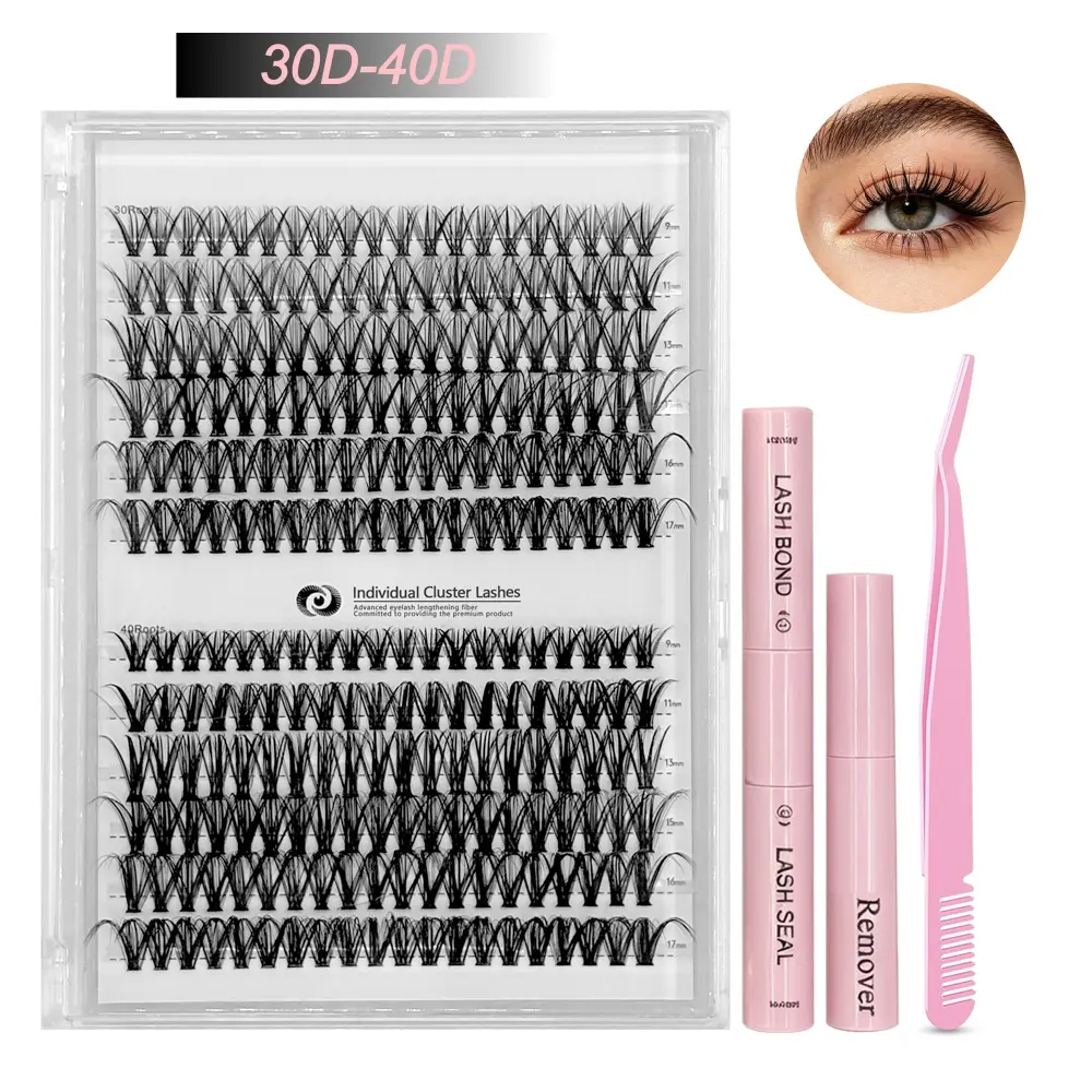 DIY Eyelash Extensions Kit with Lash Clusters at Home, 30D-40D Individual False Lashes & Adhesives Set (9-17mm, 240 Pieces), Ultra-Thin Invisible Band, Natural Curl Volume, Reusable for Makeup, Eyelashes Extensions, Individual Lashes