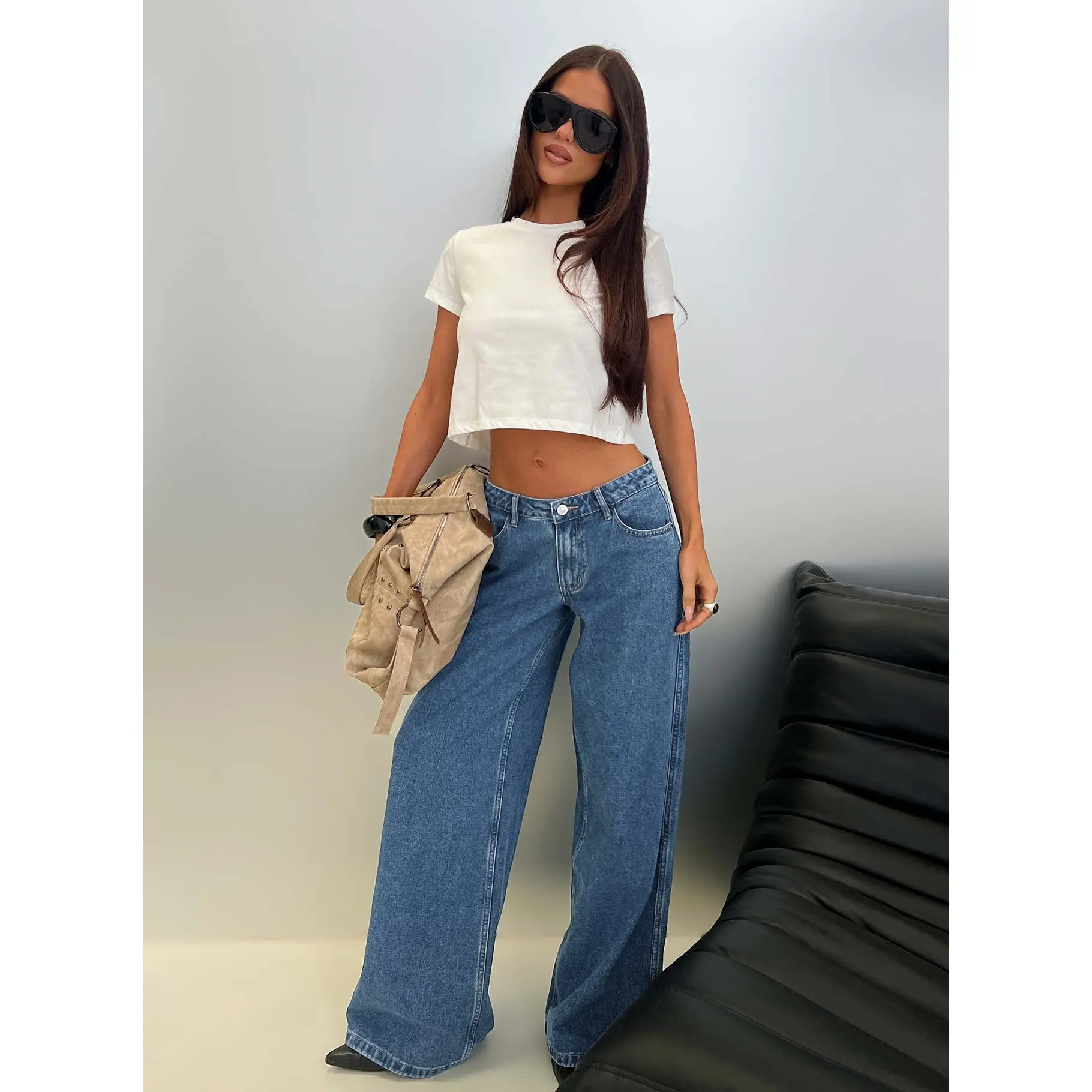 Ramos Low Rise Wide Leg Jeans Mid Blue Wash